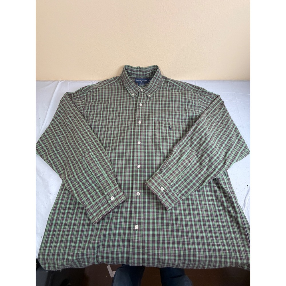 Ralph Lauren Big Shirt‎ Mens Large Green Plaid Button Down Cotton Long Sleeve L